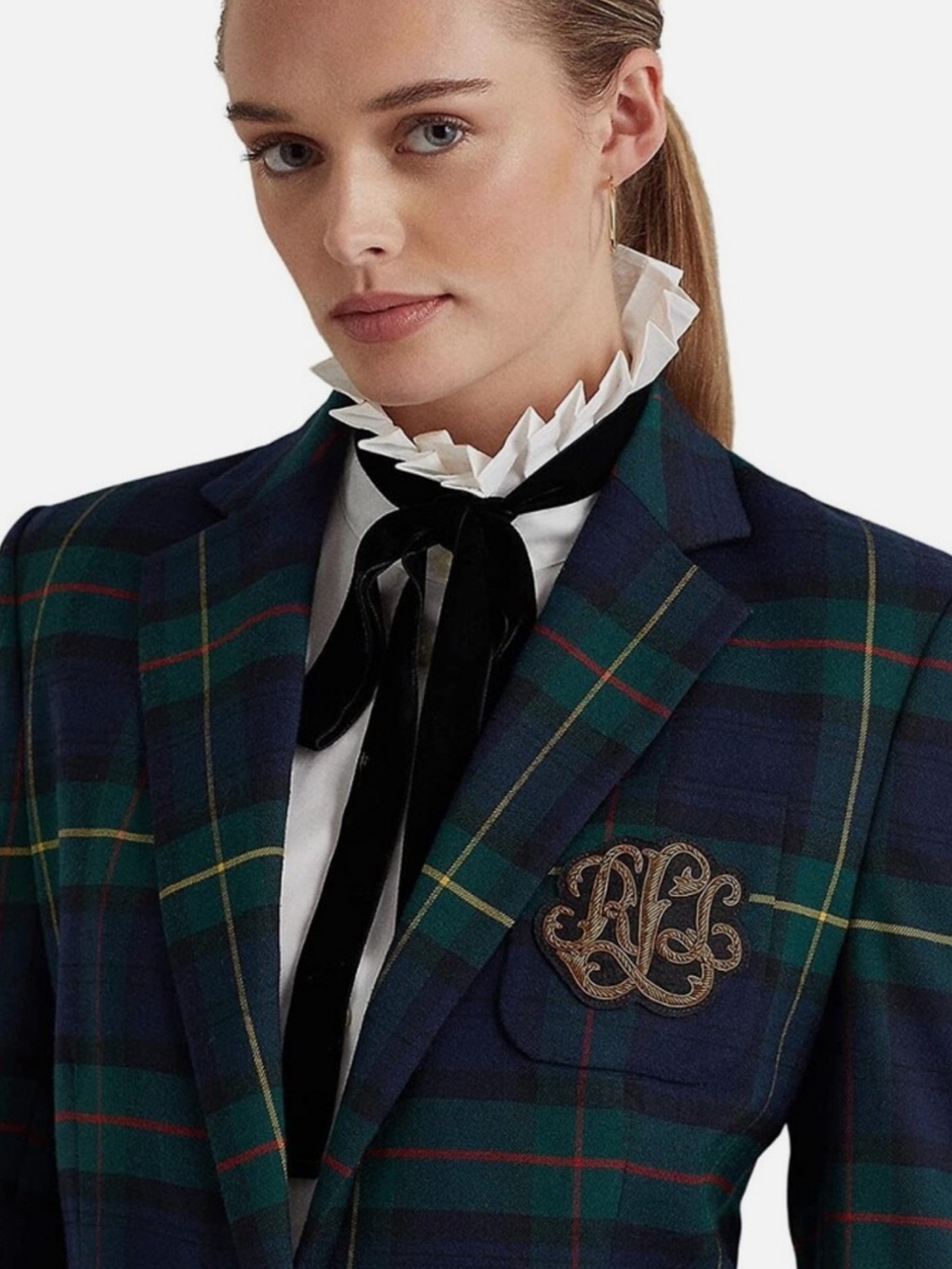 Lauren Ralph Lauren Navy & Green Plaid Tailored Blazer with Crest - Picture 6 of 17